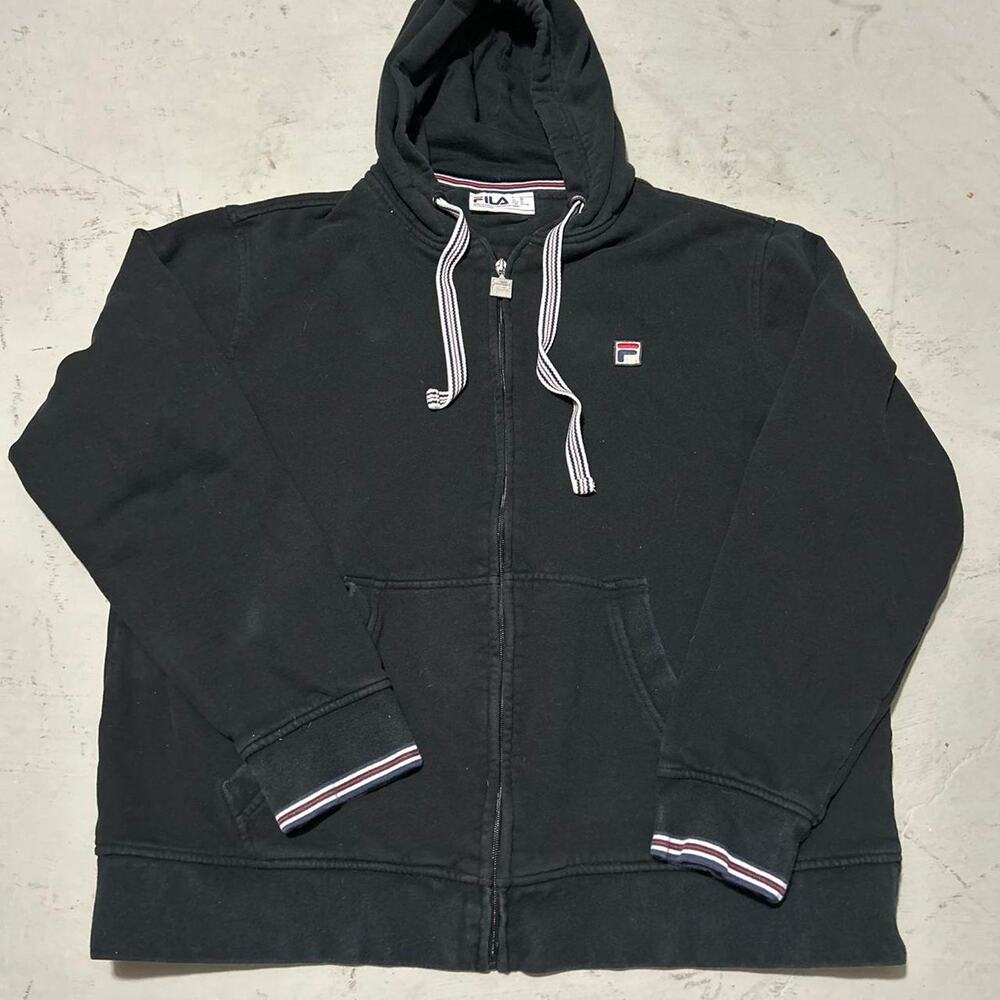 **Vintage Black Fila Full Zip Fleece Hoodie with Red and White Striped Sleeve